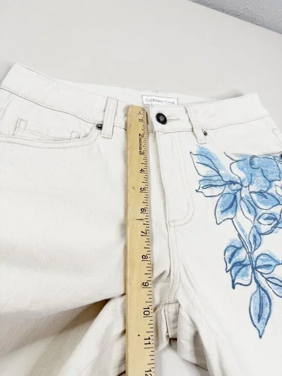 Coldwater Creek Sz 4 ( Actual 29x31) Beige Blue Flowers Bootcut Jeans EUC - Picture 6 of 10